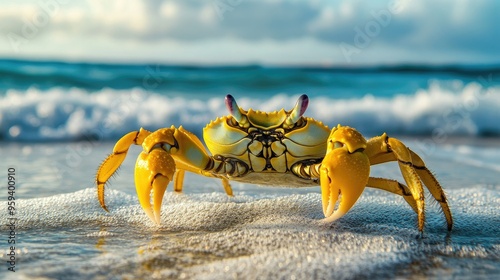 A yellow crab crawling on the beach photo