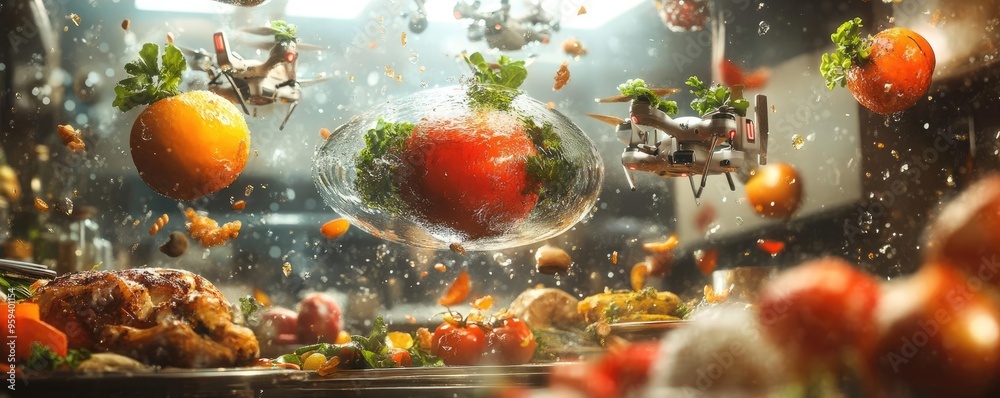A stunning wide-angle scene of aerial drone chefs orchestrating a culinary masterpiece in a high-tech kitchen