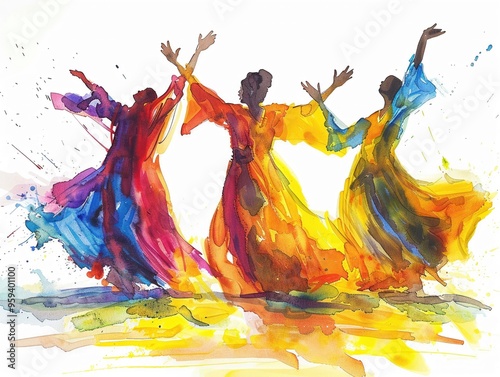 Dynamic watercolor of a Christian dance ministry performance flowing robes and expressive movement
