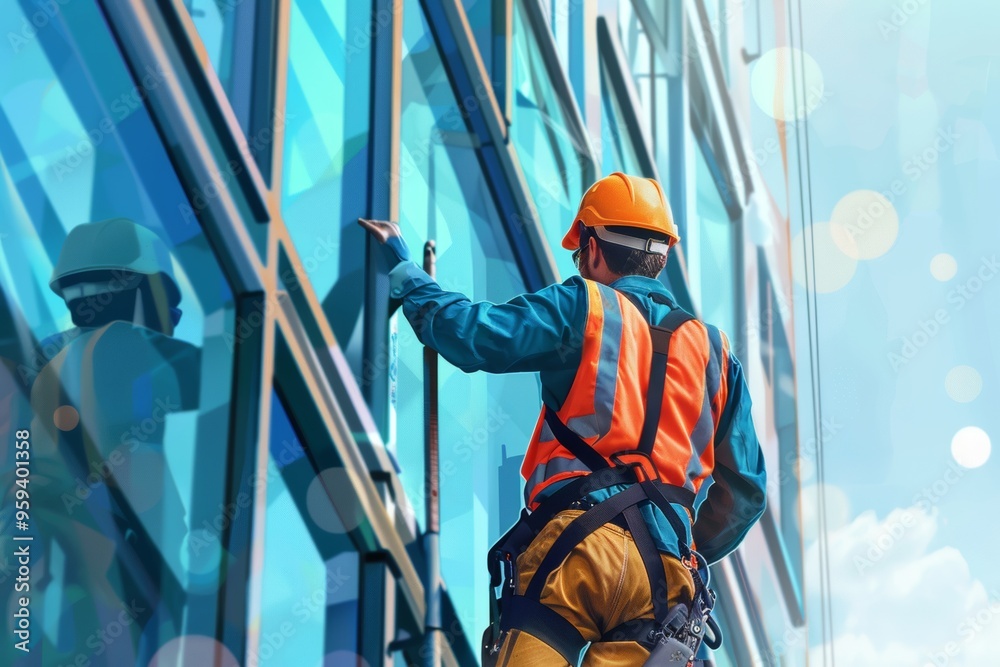 Obraz premium Male worker performing safety inspection at height on a glass building during daylight hours