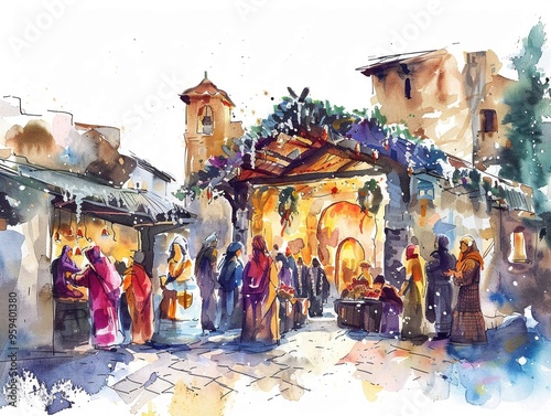 Festive watercolor scene of a Christian holiday market community gathering