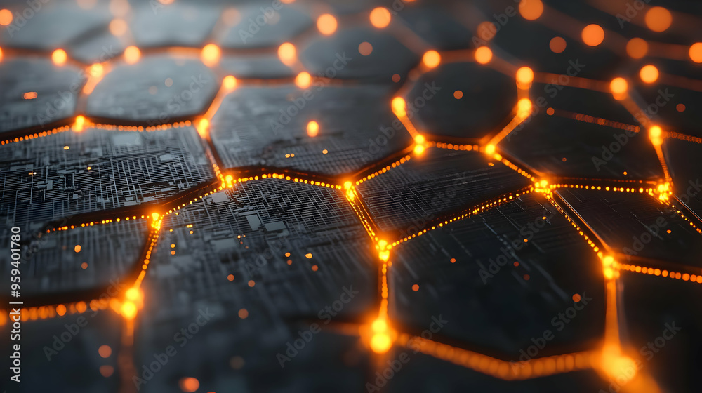 Abstract Hexagon Pattern with Glowing Lines and Orange Lights Abstract Hexagon Pattern with Glowing Lines and Orange Lights