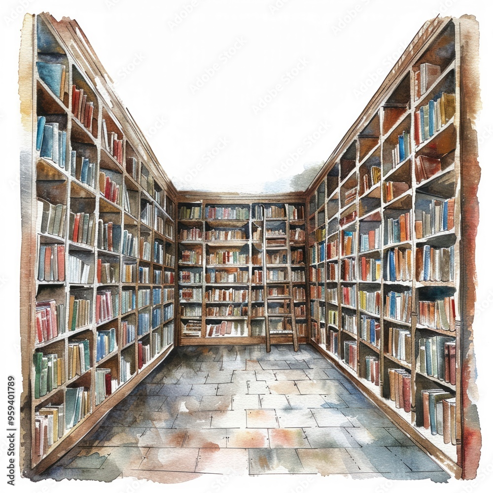 Peaceful watercolor of a Christian library shelves filled with religious texts Peaceful watercolor of a Christian library shelves filled with religious texts