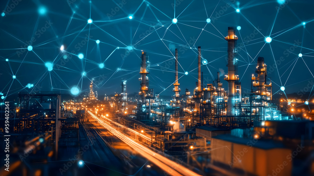 Fototapeta premium Industrial Complex Night View with Connected Network