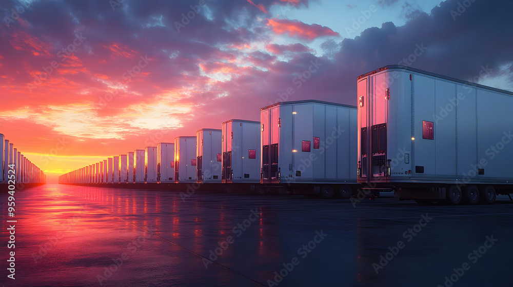 Semi Trucks Cargo Trailers at Sunset Semi Trucks Cargo Trailers at Sunset