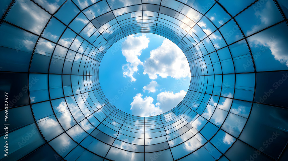 Naklejka premium Circular Glass Facade Reflecting Sky with Clouds