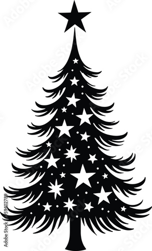 Decorative Christmas Tree Silhouette Black and White with Stars and Solid Black