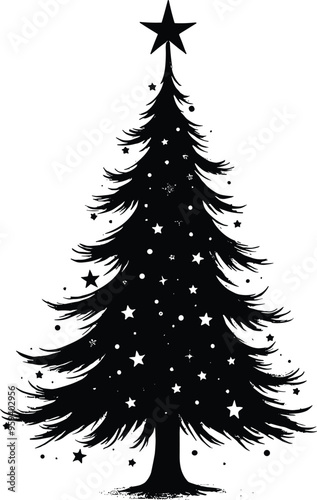 Decorative Christmas Tree Silhouette Black and White with Stars and Solid Black