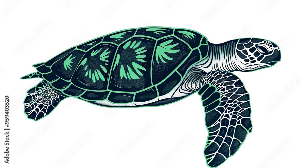 Obraz premium Isolated black outline monochrome sea green turtle on white background