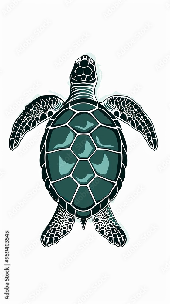 Fototapeta premium Isolated black outline monochrome sea green turtle on white background
