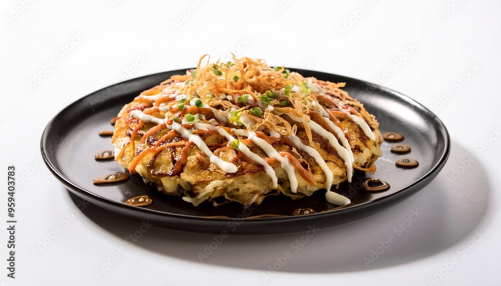 Fototapeta premium Okonomiyaki on black plate with white background isolated