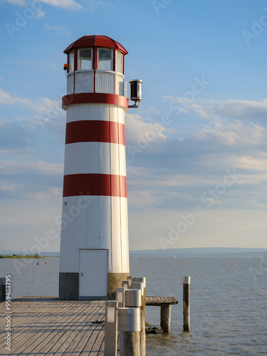 Village Podersdorf and the shore of Lake Neusiedl. The lighthouse at the harbor, the landmark of Podersdorf. UNESCO Site. Austria, Burgenland
