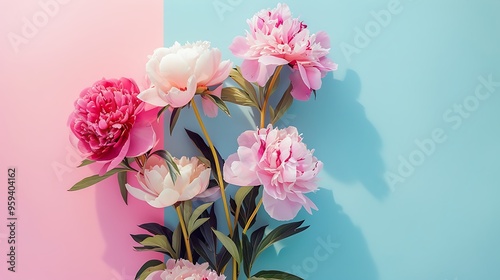 Fototapeta Naklejka Na Ścianę i Meble -  flowers peonies on pink and blue background