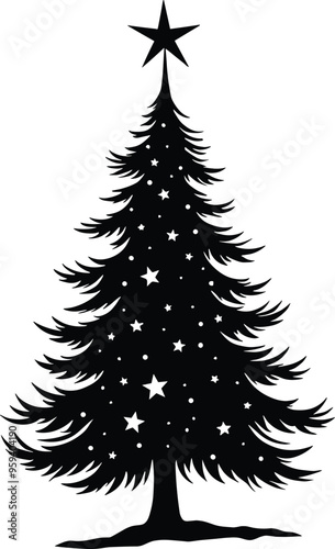 Decorative Christmas Tree Silhouette Black and White with Stars and Solid Black