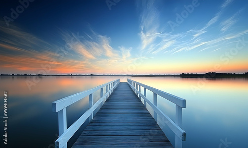 Wooden pier extending into a still lake at sunrise, with a colourful sky.