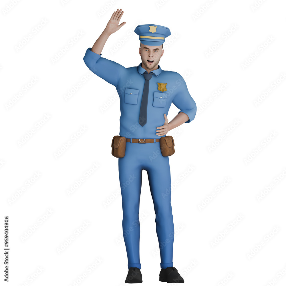 Male Cartoon Cop 3D Professional. A male police officer is standing with his right hand raised higher than his head and his left hand tucked behind his body. Law Cartoon Male Cartoon Cop 3D Professional. A male police officer is standing with his right hand raised higher than his head and his left hand tucked behind his body. Law Cartoon