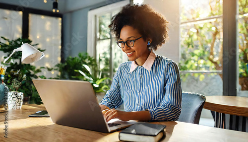 A young woman operating a laptop. Image material of a young, smiling woman operating a laptop.