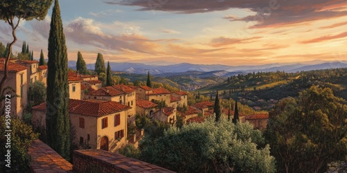 Picturesque Tuscan Village at Sunset.