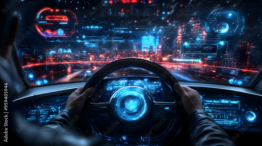 Fototapeta premium Futuristic Car Interior with Holographic Display and Night City View