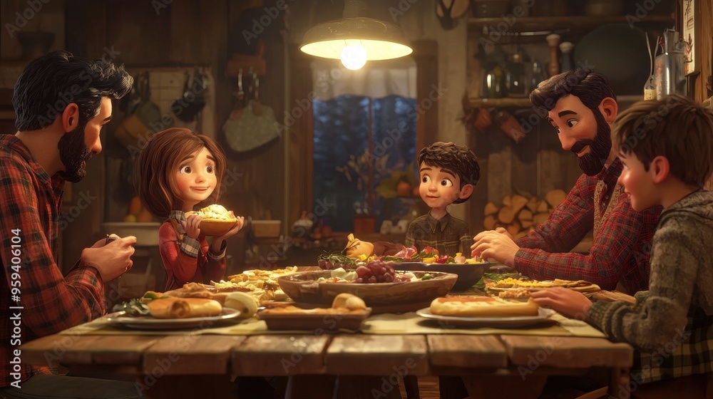 Happy Family Enjoying Meal Together at Rustic Wooden Table Happy Family Enjoying Meal Together at Rustic Wooden Table