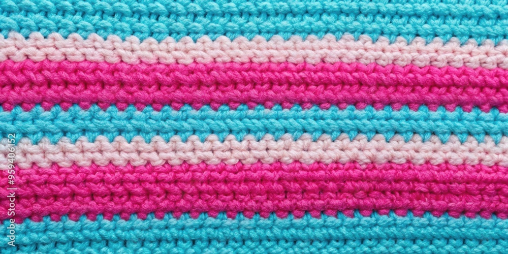 Crocheted texture background with bright pink and light blue horizontal stripes , crafts, handmade, spring, polyester cord Crocheted texture background with bright pink and light blue horizontal stripes , crafts, handmade, spring, polyester cord