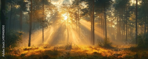 Golden Light Through Forest Trees - Sunrise Landscape