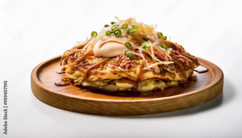 Okonomiyaki on wood with white background isolated Okonomiyaki on wood with white background isolated