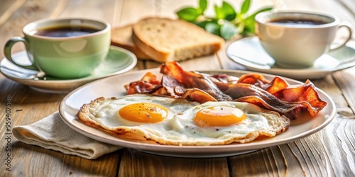 Delicious breakfast with fried eggs, crispy bacon, and coffee on a sunbeam-lit background, breakfast, fried eggs, bacon strips