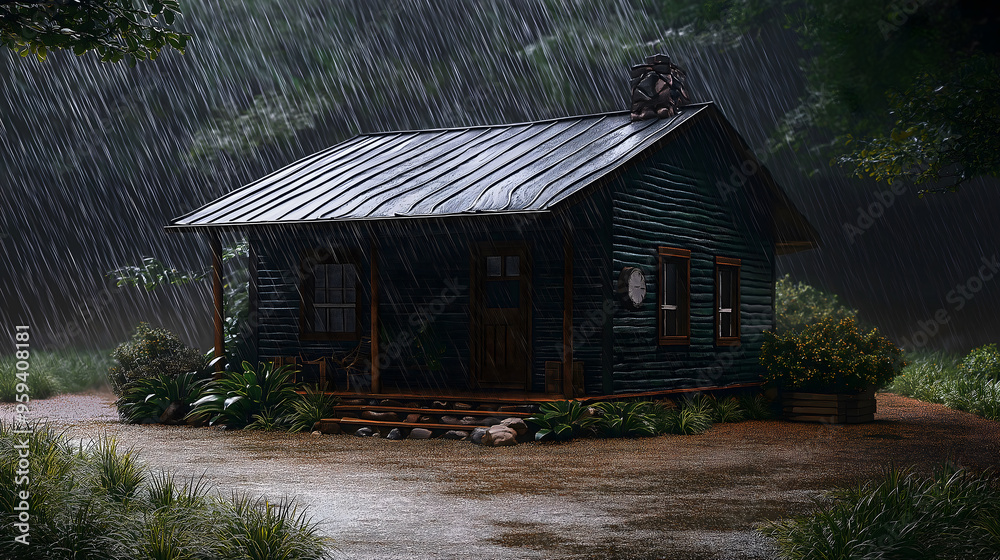 A rural landscape wallpaper featuring a house in the forest amidst rain and snow, showcasing natural outdoor scenery.