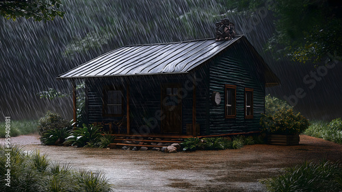 A rural landscape wallpaper featuring a house in the forest amidst rain and snow, showcasing natural outdoor scenery.