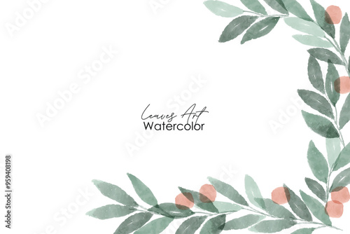 Watercolor Green Branch frame Backgound. Watercolor green leaves frame winter background. 