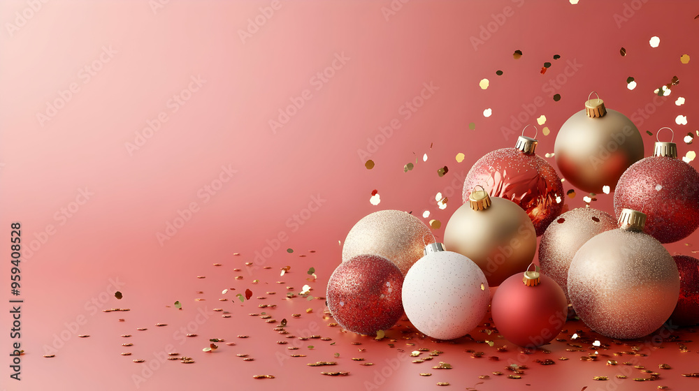Christmas Ornaments and Confetti on Pink Background Christmas Ornaments and Confetti on Pink Background