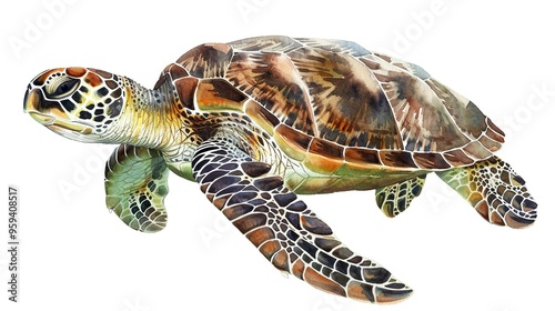 Watercolor hand drawn sea turtle realistic illustration isolated on white photo