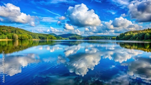 Fototapeta Naklejka Na Ścianę i Meble -  Blue lake and sky with clouds reflecting in the water in late summer at Lake Solina, Bieszczady, Poland, Blue, lake