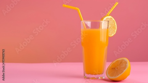 Fresh Juice glass with a two straw slice of yellow lemon on a pink background