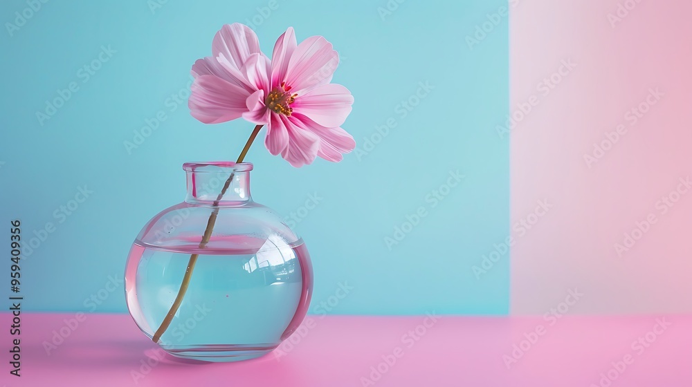 Fresh pink flower in little glass vase on pink and blue background Fresh pink flower in little glass vase on pink and blue background
