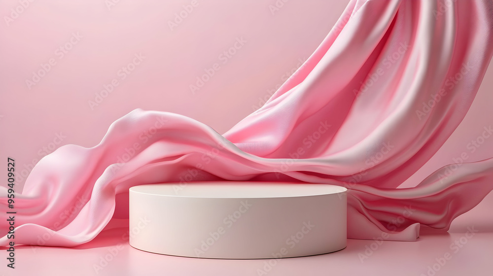 Pink Silk Fabric Draped Over White Cylinder on Pastel Background Pink Silk Fabric Draped Over White Cylinder on Pastel Background