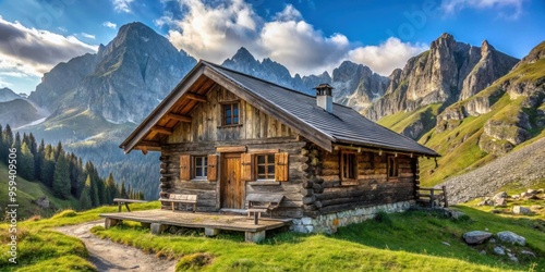 Mountain hut with a rustic wooden exterior located in the scenic mountains, mountain hut, mountains, nature, cabin