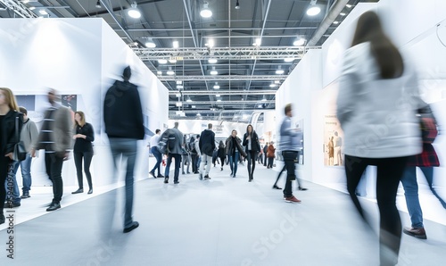 Exhibition expo event trade fair hall with busy bustling people walking to conferences in a modern hall crowded business people with a bokeh effect. Generative AI
