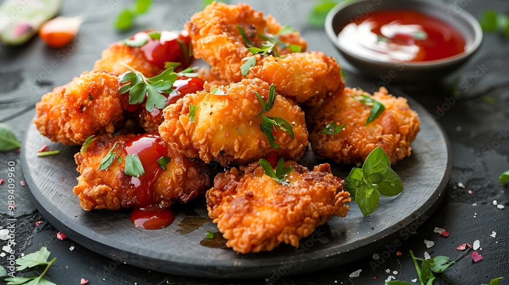 Fried chicken nuggets with ketchp and rose sauce Fried chicken nuggets with ketchp and rose sauce