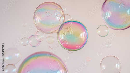 Vibrant Soap Bubbles Floating on a White Background