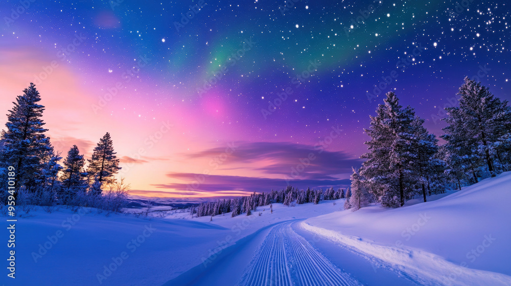 Enchanting winter landscape showcasing snow-covered trees under a vibrant twilight sky with northern lights and twinkling stars