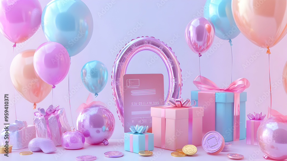 Pink and Blue Gift Box and Balloons with Credit Card Pink and Blue Gift Box and Balloons with Credit Card