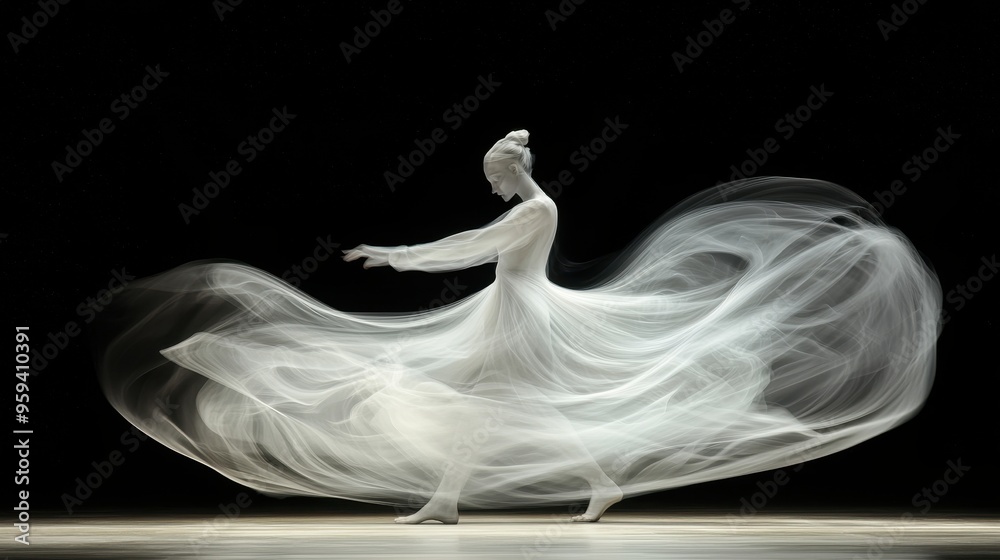 Fototapeta premium Woman in Flowing White Dress on Black Background