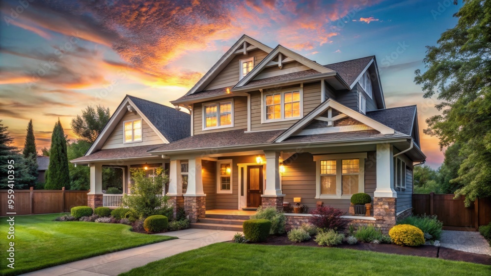 Serene suburban morning with Craftsman style house in soft dawn light , suburban, morning, Craftsman, house, dawn Serene suburban morning with Craftsman style house in soft dawn light , suburban, morning, Craftsman, house, dawn