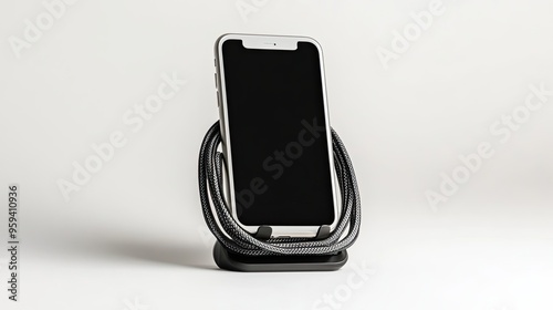 Smartphone on a Black Charging Stand with a Braided Cable photo