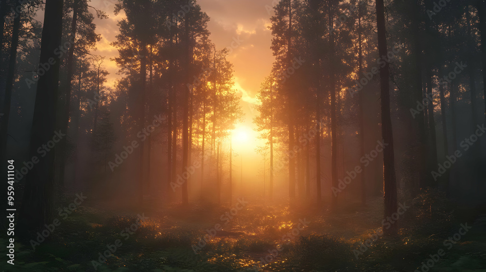 Golden Sunset Through Forest Trees Golden Sunset Through Forest Trees