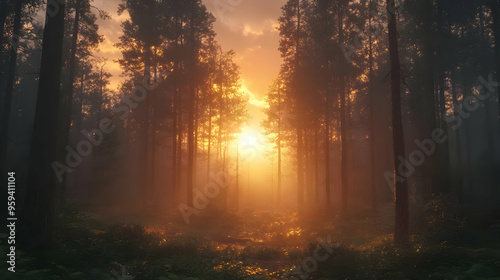 Golden Sunset Through Forest Trees