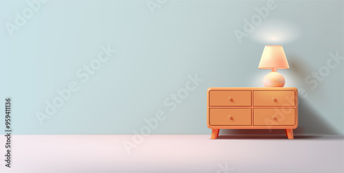 Modern realistic interior, 3D. Cabinet and lamp. Banner for home design concepts, rest, and coziness. Sale of furniture, discounts. Vector illustration.