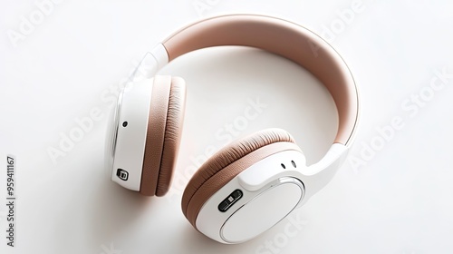 White and Tan Over-Ear Headphones on a White Surface photo